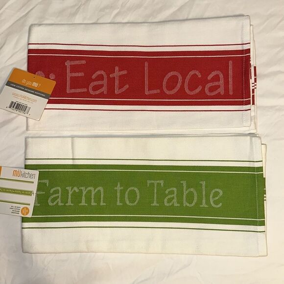 mukitchen White Green Red Farm to Table Eat Local Cotton Kitchen Tea Towels 2pk - Picture 1 of 7